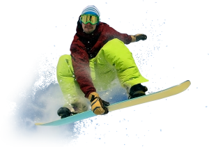 A snowboarder in midair, wearing in red and yellow colors